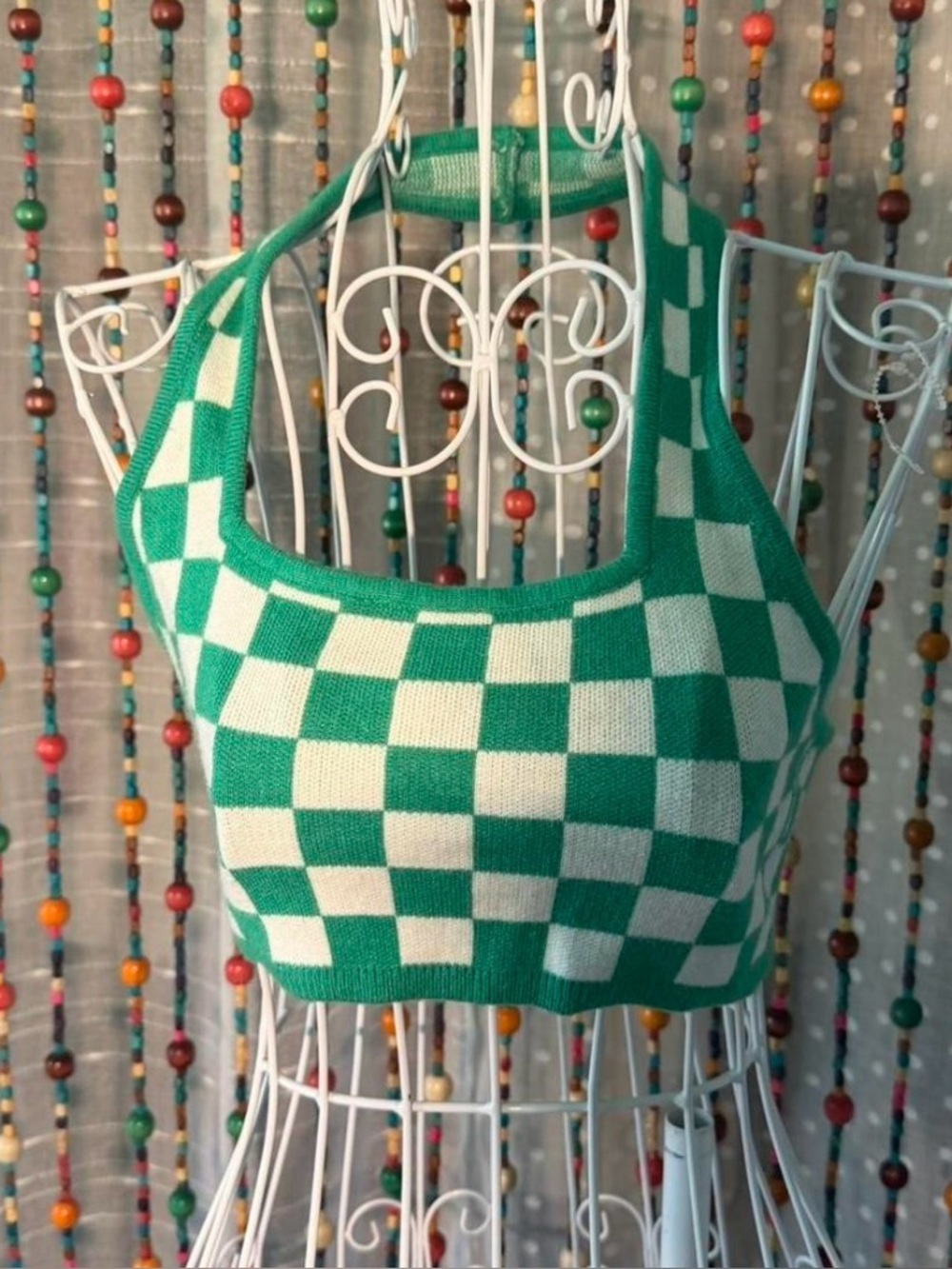 Green Checkerboard Knit Halter Crop Top